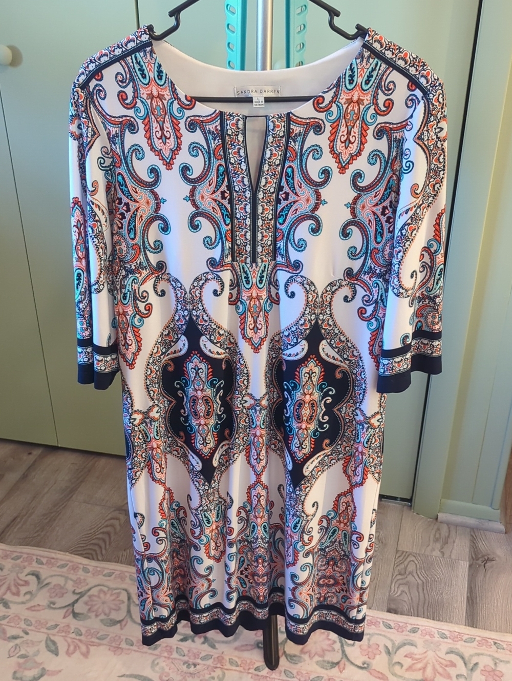 Sandra Darren White Midi Dress with Navy, Coral and Teal Paisley